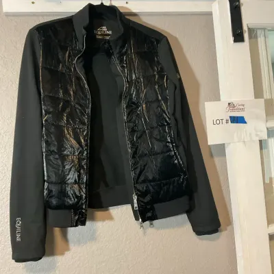 Equiline Womens Black Glossy Quilted Bomber Jacket Technical Riding Coat- Medium
