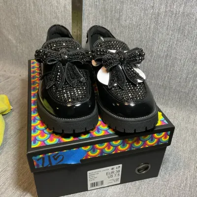 Black Rhinestone Leather Loafers