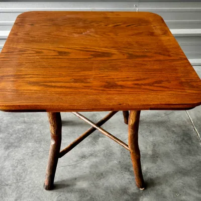 Vintage Rustic Hickory Log Side Table with Oak Top