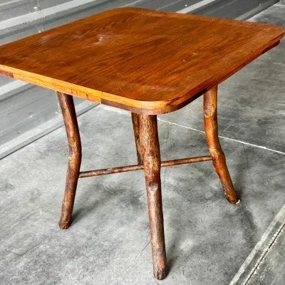 Vintage Rustic Hickory Log Side Table with Oak Top