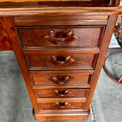 Antique Roll Top Desk with Burl Wood Veneer and Carved Leaf Pulls