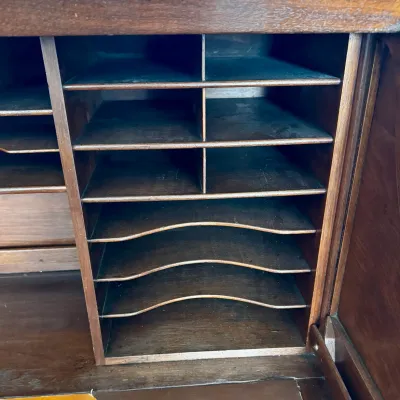 Antique Roll Top Desk with Burl Wood Veneer and Carved Leaf Pulls