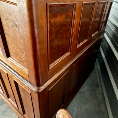 Antique Roll Top Desk with Burl Wood Veneer and Carved Leaf Pulls