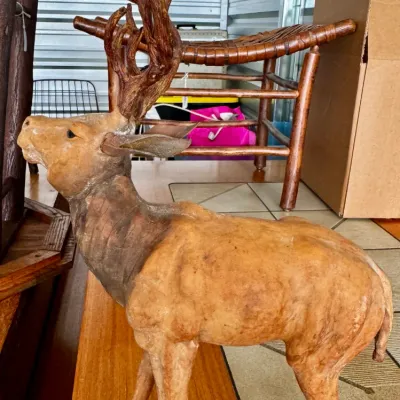 Vintage leather-wrapped deer figurine - mid-century bohemian interior decor.