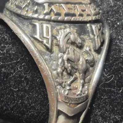 Sale Photo Thumbnail #28: Jostens Argentus  ~  1982 Cairo Durham, SC high school RING 
> sterling with palladium alloy 
> size :  11
excellent condition..............has original owner name inscribed inside