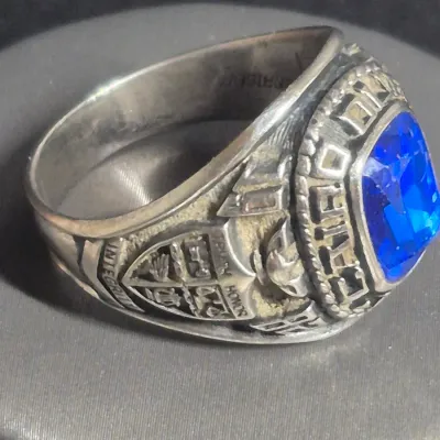 Sale Photo Thumbnail #26: Jostens Argentus  ~  1982 Cairo Durham, SC high school RING 
> sterling with palladium alloy 
> size :  11
excellent condition..............has original owner name inscribed inside