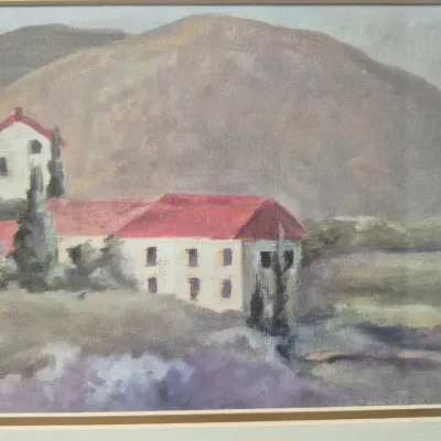 Sale Photo Thumbnail #49: Landscape painting by C. Robinson ~ "Lavender"
early Californian adobe, red brick roofs, rolling hills and blenty out buildings
size:  26/14  image :  20/8
gold gilt frame under glass
no damage , foxing, water stains

ships:  local states $40 [GA, NC, SC 
