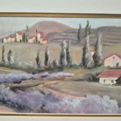 Sale Photo Thumbnail #48: Landscape painting by C. Robinson ~ "Lavender"
early Californian adobe, red brick roofs, rolling hills and blenty out buildings
size:  26/14  image :  20/8
gold gilt frame under glass
no damage , foxing, water stains

ships:  local states $40 [GA, NC, SC 