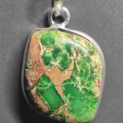 Sale Photo Thumbnail #88: Stunning matching silver-toned necklace and ring set featuring green sea sediment jasper gemstone cabochons with brown and tan matrix patterns.
ring size 8,  necklace is 16" long w/ 925 on flat link
all are marked 925