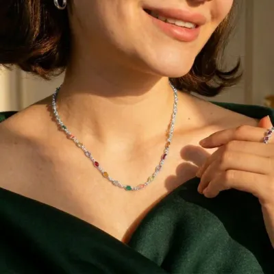 Sale Photo Thumbnail #104: 925 MILOR Italy Gemstone Necklace & matching Bracelet 
> Necklace is 22" long....well marked on flat link, all stones original to necklace
> Bracelet is identical match as set.....8" long w/ same flat link 925/ Italy
Stunning......set gets $250 on high en