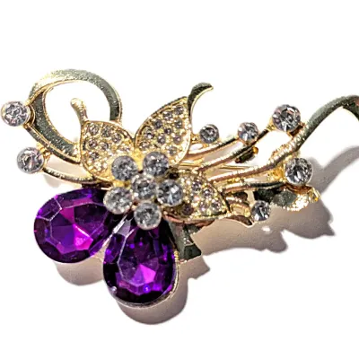 **NEW ARRIVAL** Large PURPLE Teardrop Stones FLOWER BROOCH (2" x 1¼") Bejeweled Leaves & Petals on a Gold Tone Setting
