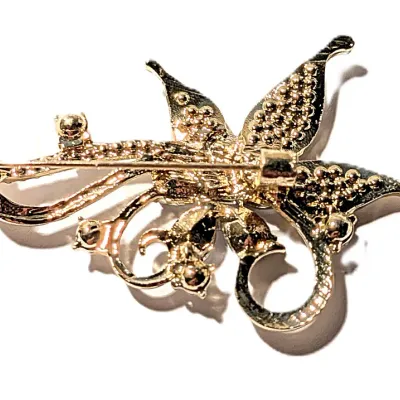 **NEW ARRIVAL** Gold Colored FLOWER SPRAY BROOCH (2¼" x 1¼") with 5 Marquise-Cut Clear Stone Petals, Jeweled Leaves & Loops...