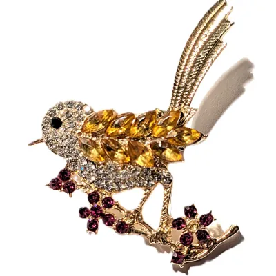 **NEW ARRIVAL** AMBER, CLEAR & RED Stones BIRD BROOCH (1¾" x 1½") with Black Eye, Amber Feathers and Red Branch on a Gold...