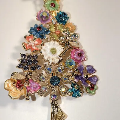 **NEW ARRIVAL** Multicolor Ceramic Flowers & Stones TREE BROOCH (4" x 2") with Small Winged "Pixies" on a Gold...