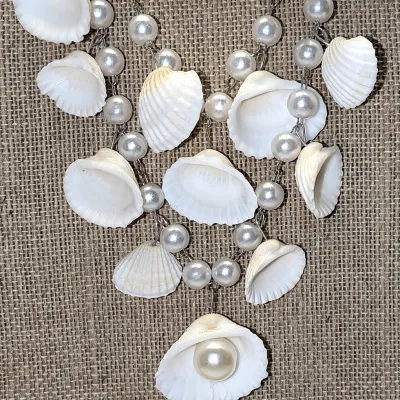 Double Strand "PEARLS & SHELLS" JEWELRY SET with NECKLACE (22"-26" L+ Faux White Pearls + Silver Tone Lobster...