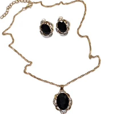 Large BLACK OVAL BEVELED STONE JEWELRY SET with NECKLACE (18" L, Jeweled Surround + Twisted Gold Tone Chain/Lobster Clasp) and...