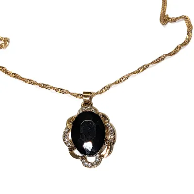 Large BLACK OVAL BEVELED STONE JEWELRY SET with NECKLACE (18" L, Jeweled Surround + Twisted Gold Tone Chain/Lobster Clasp) and...