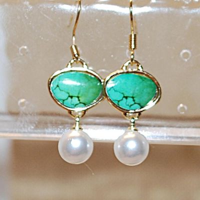 Faux Pearl & Green Jade Style Earrings Set with Wire Hook Clasps