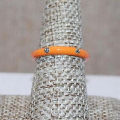 Size 7 Delicate ORANGE Enamel Ring with 6 Rhinestones Around the Band (2.1g) - STACK ALL COLORS for a REAL IMPACT