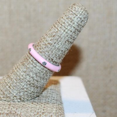 Size 6 Delicate PINK Enamel Ring with 6 Accent Clear Stones on a Silver Tone Band (2.2g) - STACK ALL COLORS for a REAL IMPACT