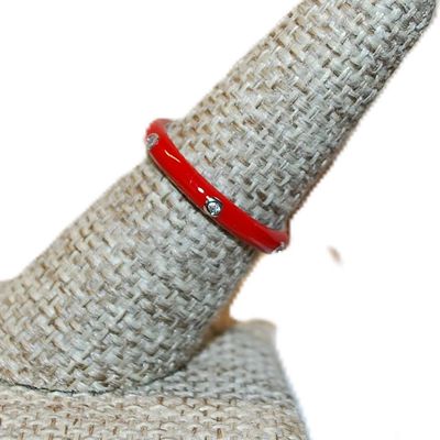 Size 6 Delicate RED Enamel Ring with 6 Accent Clear Stones on a Silver Tone Band (2.0g) - STACK ALL COLORS for a REAL IMPACT