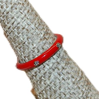 Size 6 Delicate RED Enamel Ring with 6 Accent Clear Stones on a Silver Tone Band (2.0g) - STACK ALL COLORS for a REAL IMPACT