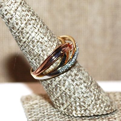 Size 10 Triple Colored Bands Ring Including Rose Gold, Silver and Gold with Row of Small Clear Stone Accents (4.7g)