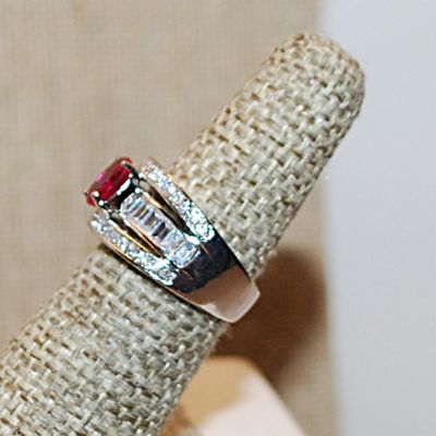 Size 6¼ Oval Deep PINK Stone Ring with Triple Rows of Clear Stones on a Silver Tone Band (5.2g)