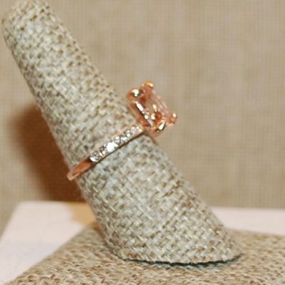 Size 7¼ Large Rectangle Champagne Colored Stone Ring & Side Accents on a Rose Gold Band (2.7g)