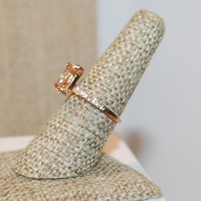 Size 7¼ Large Rectangle Champagne Colored Stone Ring & Side Accents on a Rose Gold Band (2.7g)