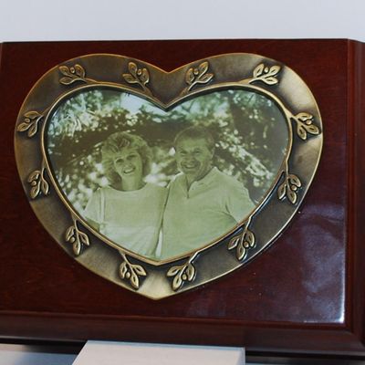 Large Dark Wood JEWELRY BOX with Gold Tone Brushed Metal "HEART" (Suitable for Photo) Mirror 8" x 6" x 5"