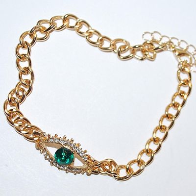 Larger Gold Colored Links BRACELET (3" Opening) with "Eye Shape" Large Green Beveled Main Stone & Clear Accent Stones...
