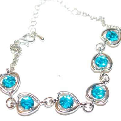 All AQUAMARINE BLUE HEARTS Setting Bracelet (10") on a Silver Tone Chain