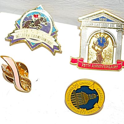4 Commemorative Tacks--Breast Cancer Pink Ribbon, California Employees Campaign, USPC Western Champion, Auburn Elks Lodge