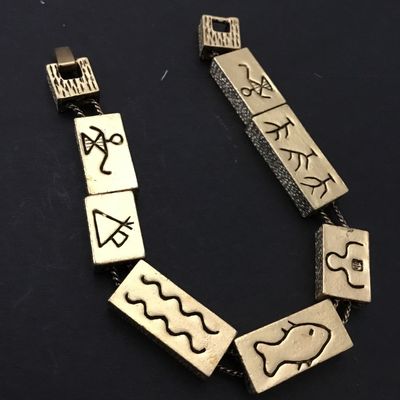 Vintage, gold, toned, rectangular panels engraved with symbols Egyptian hieroglyphs