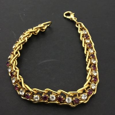 Vintage gold tone, chain bracelet with a layered bike chain, pink and clear rhinestones