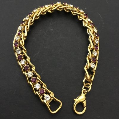 Vintage gold tone, chain bracelet with a layered bike chain, pink and clear rhinestones