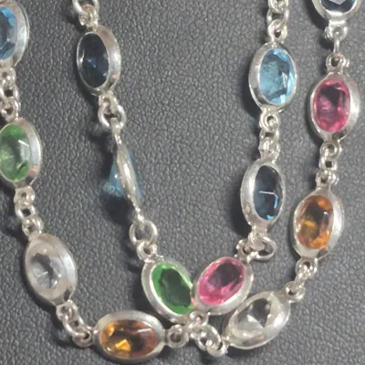 Sale Photo Thumbnail #76: 925 MILOR Italy Gemstone Necklace & matching Bracelet
> Necklace is 22" long....well marked on flat link, all stones original to necklace
> Bracelet is identical match as set.....8" long w/ same flat link 925/ Italy
Stunning......set gets $250 on high end