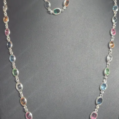 Sale Photo Thumbnail #80: 925 MILOR Italy Gemstone Necklace & matching Bracelet
> Necklace is 22" long....well marked on flat link, all stones original to necklace
> Bracelet is identical match as set.....8" long w/ same flat link 925/ Italy
Stunning......set gets $250 on high end