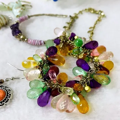 Sale Photo Thumbnail #152: Colorful fashion jewelry assortment featuring an eclectic mix of beaded eyeglass holder necklaces, bracelets and pierced earrings in vibrant glass, stone-look and decorative beads with silver- and gold-toned accents