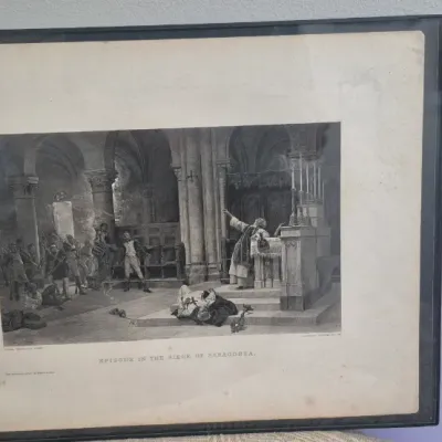 Sale Photo Thumbnail #158: Pair Vintage photogravure prints framed ~ 1881 paintings by Jules Girardet
> Siege of Saragossa, Peninsular War 1808
> Phryne before the Areopagus [Jean Leon Gerome]
both are in glass black edge frames ;  18/16