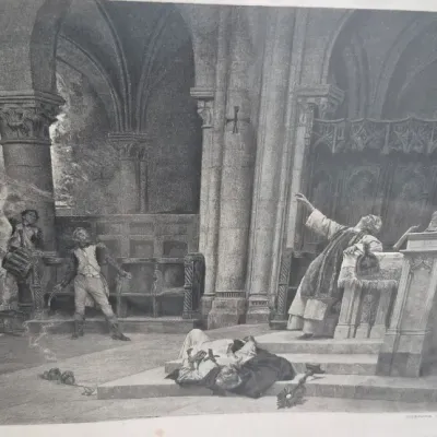 Sale Photo Thumbnail #159: Pair Vintage photogravure prints framed ~ 1881 paintings by Jules Girardet
> Siege of Saragossa, Peninsular War 1808
> Phryne before the Areopagus [Jean Leon Gerome]
both are in glass black edge frames ;  18/16