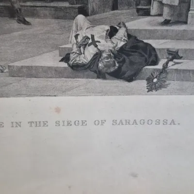Sale Photo Thumbnail #160: Pair Vintage photogravure prints framed ~ 1881 paintings by Jules Girardet
> Siege of Saragossa, Peninsular War 1808
> Phryne before the Areopagus [Jean Leon Gerome]
both are in glass black edge frames ;  18/16