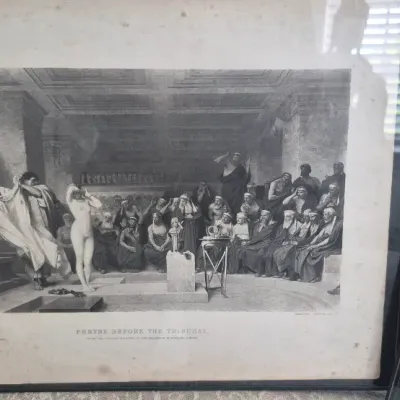 Sale Photo Thumbnail #161: Pair Vintage photogravure prints framed ~ 1881 paintings by Jules Girardet
> Siege of Saragossa, Peninsular War 1808
> Phryne before the Areopagus [Jean Leon Gerome]
both are in glass black edge frames ;  18/16