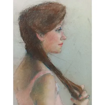 Sale Photo Thumbnail #247: Marcia B. Bouton " Pensive" ~ original pastel '72 [1919-2014]

> Bouton pastels are gentle and surrealist in design. Original 1972, flat stored and"papered"
> excellent condition, no major pastel loss, this is one of over 50 pastels from her original esta