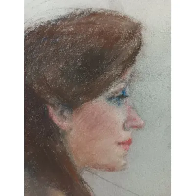 Sale Photo Thumbnail #246: Marcia B. Bouton " Pensive" ~ original pastel '72 [1919-2014]

> Bouton pastels are gentle and surrealist in design. Original 1972, flat stored and"papered"
> excellent condition, no major pastel loss, this is one of over 50 pastels from her original esta
