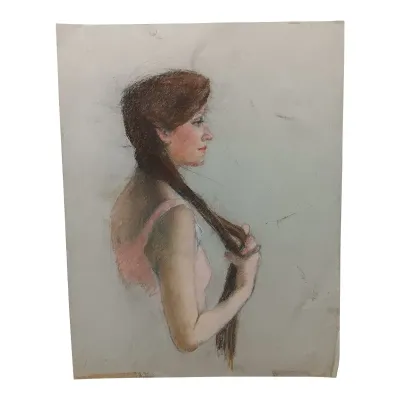 Sale Photo Thumbnail #245: Marcia B. Bouton " Pensive" ~ original pastel '72 [1919-2014]

> Bouton pastels are gentle and surrealist in design. Original 1972, flat stored and"papered"
> excellent condition, no major pastel loss, this is one of over 50 pastels from her original esta