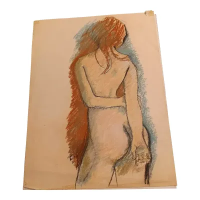 Sale Photo Thumbnail #248: Marcia B. Bouton " Nude from Behind" ~ original pastel '72 [1919-2014]

> Bouton nudes are gentle and surrealist in design. Original 1972, flat stored and"papered"
> excellent condition, no major pastel loss, this is one of over 50 pastels from her origin