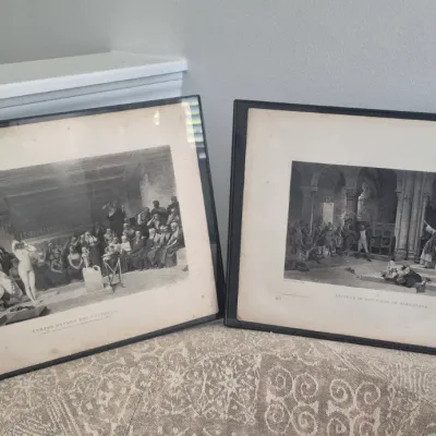 Sale Photo Thumbnail #278: Pair Vintage photogravure prints framed ~ 1881 paintings by Jules Girardet
> Siege of Saragossa, Peninsular War 1808
> Phryne before the Areopagus [Jean Leon Gerome]
both are in glass black edge frames ;  18/16