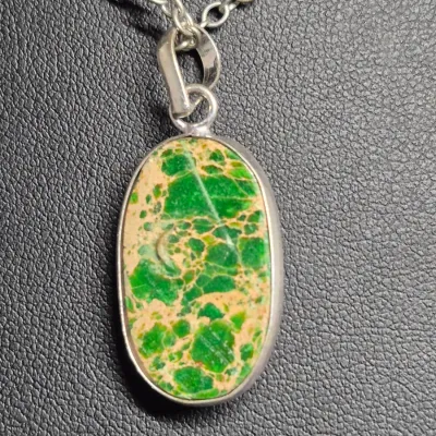 Sale Photo Thumbnail #337: 925 Sterling Silver Variscite Pendant: Natural Gemstone & Earrings 
Pendant marked 925 on a 925 sterling chain, marked on lobster clasp
Earrings are 3 layers as pictured.